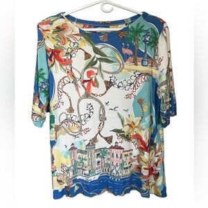 Chico's Multicolor Scenic Print Bateau Neck Short Sleeve Top Sz 2 (L)